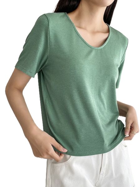 

dazy-less v neck rib-knit tee 80qe#, White