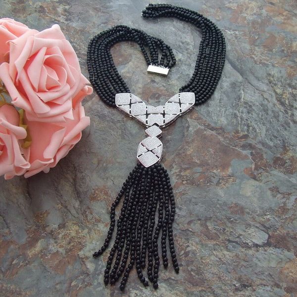 

18&quot-23&quot 7 strands round 4mm black onyx necklace zircon pendant, Silver