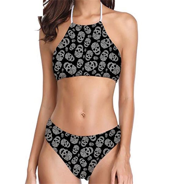 Mulheres terno de natação feminino biquinis conjunto bonito crânio impressão meninas acolchoadas maiô senhoras praia halter swimwear plus size biquini 220616