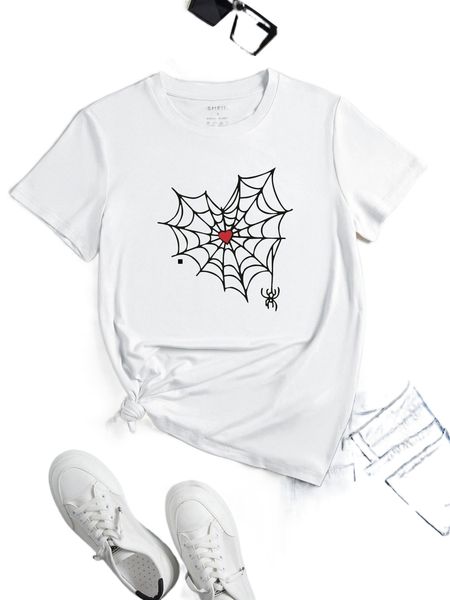 

spider web & heart print tee k71w#, White