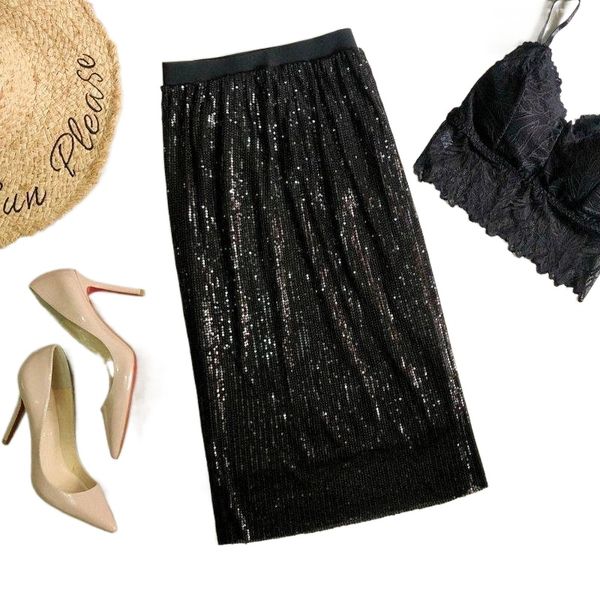 

women summer skirts high waist sequined knee length skirt lady straight long solid color elastic bend fashion y22e#, Black