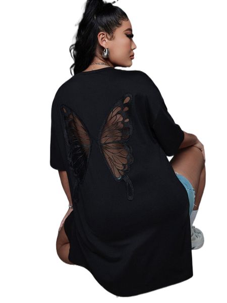 

butterfly embroidery mesh insert split hem drop shoulder tee b5gw#, White