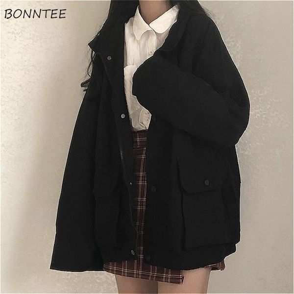 

basic jackets women spring long sleeve feminino outwear loose bf harajuku chic students allmatch fashion cargo solid pocket 220813, Black;brown