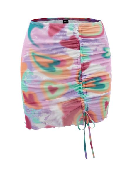 

drawstring detail heart print tie dye lettuce trim mesh skirt w7ib#, Black