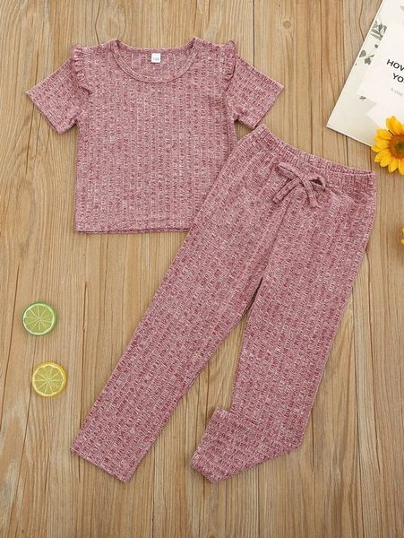 

little girl rib ruffle detail t-shirt and bow leggings she, White