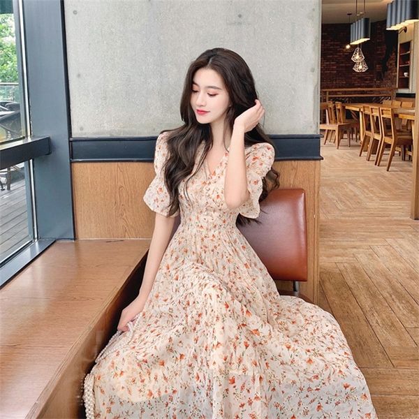 

casual dresses 2022 summer french super fairy sweet tea break long skirt with thin waist v-neck floral dress ofe1, Black;gray
