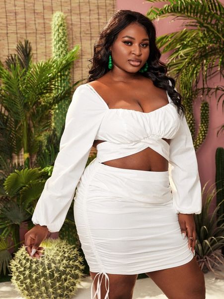 

sxy plus lantern sleeve tie back & ruched knot bodycon skirt set w1h6#, Black