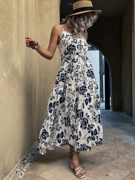 

floral print ruffle hem cami dress 32fc#, Black;gray