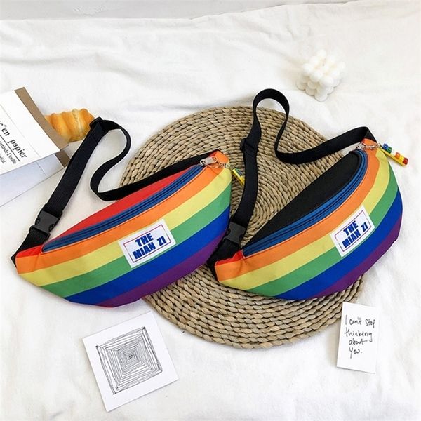 

fashion hit color waist bags for women nylon leisure rainbow fanny pack girls small crossbody chest bag belt waist packs 220513
