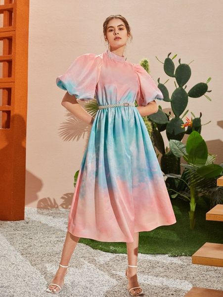 

tie dye puff sleeve dress with belt x4li#, Black;gray