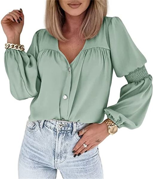 

& tees womens puff long sleeve v neck blouse button down pleated casual, White