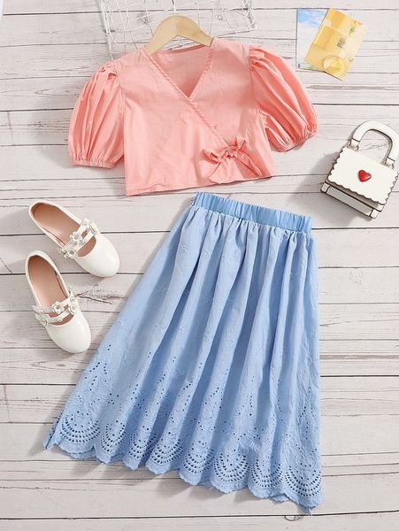 

girls colorblock wrap knot side & skirt she, White