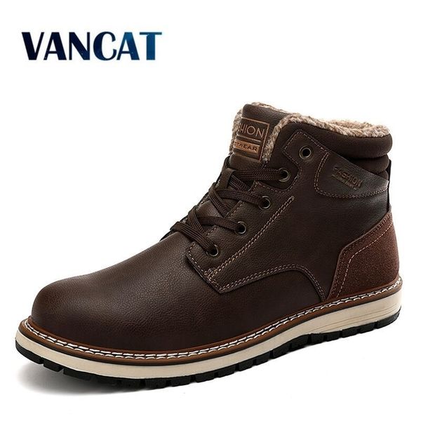 

vancat new fashion winter mens warm plush snow waterproof leather ankle outdoor work men western boots 201204, Black
