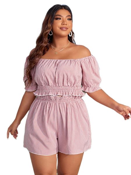 

plus gingham off shoulder shirred crop & paperbag waist shorts o17s#, Black