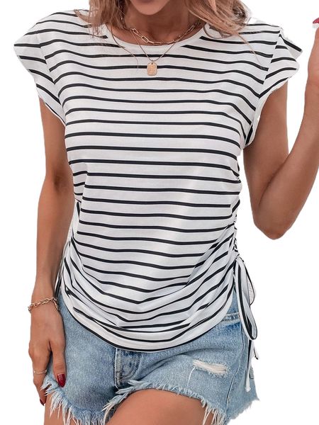 

striped drawstring side ruffle sleeve tee y5nv#, White