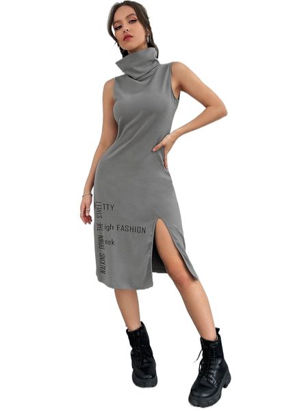 

x margot breard slogan graphic high neck split thigh dress z1tg#, Black;gray