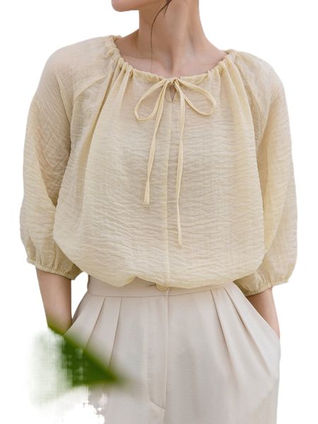 

dazy-less lantern sleeve drawstring knot front blouse o4jc#, White