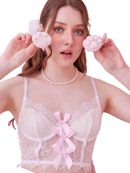 

kawaii contrast lace bow decor bralette 54la#, Black;red