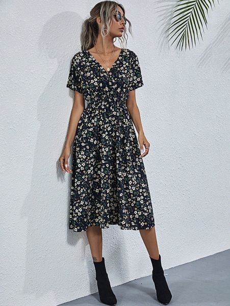 

allover floral print shirred waist a-line dress 10ag#, Black;gray