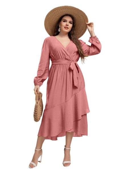 

plus lantern sleeve ruffle wrap hem belted dress v6mx#, Black