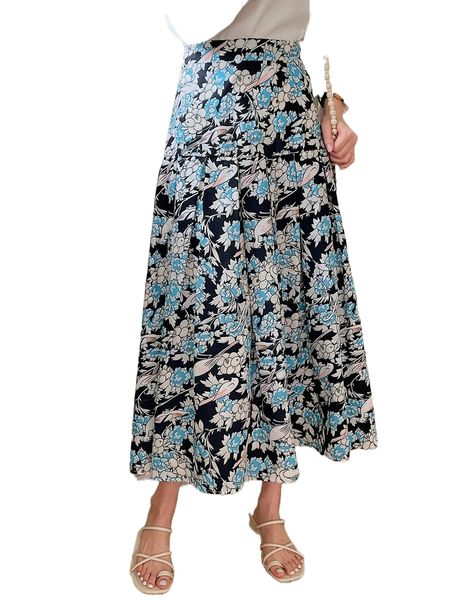 

dazy high waist floral print fold pleated detail skirt a819#, Black