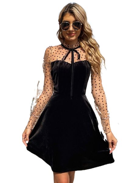 

frill tie neck contrast heart mesh flounce sleeve dress p8te#, Black;gray
