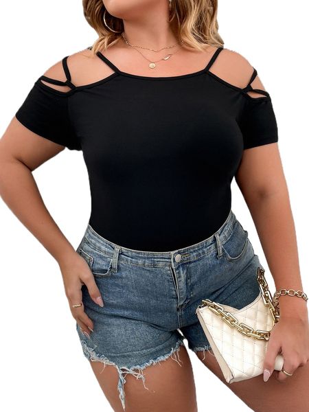 

plus cut out cold shoulder tee 406d#, Black