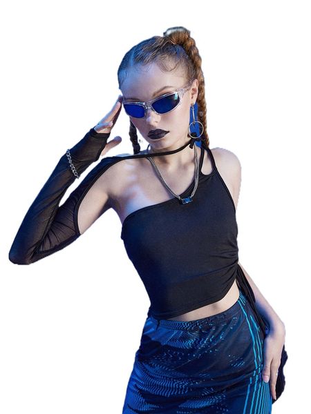 

romwe cyber luvr one shoulder with one sleeve n1am#, White