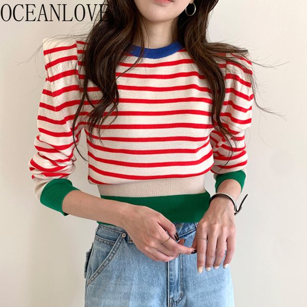 

oceanlove 2021 autumn pull femme striped sweet puff sleeve short sweaters women slim korean chic fashion winter pullovers 18411, White;black