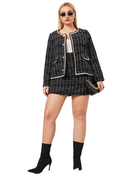 

plus plaid pattern tweed jacket & skirt r5ie#, Black