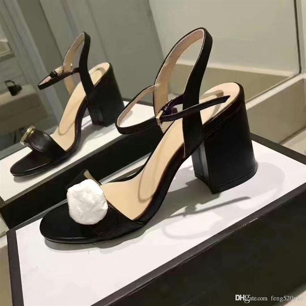 

classic high heeled sandals women shoes coarse heel leather luxury high heels dress shoes sandals platform slipper women shoe bag0281i, Black