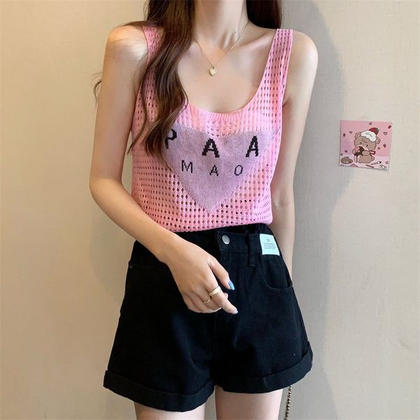 

spring fashion women's tanks camis letter knitted suspender vest four color pullover low round neck hollow out size s--2xl 001, White