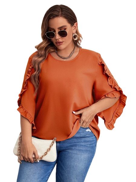 

plus ruffle trim petal sleeve blouse x30a#, Black