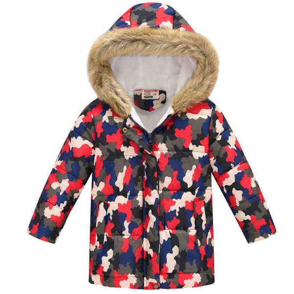 Dicke warme Outfit Baby Jungen Winter Druck Hoodie Kinder Aktive Kleidung Mädchen Pelzkragen Jacken Daunen Kinder 4-8Y J220718