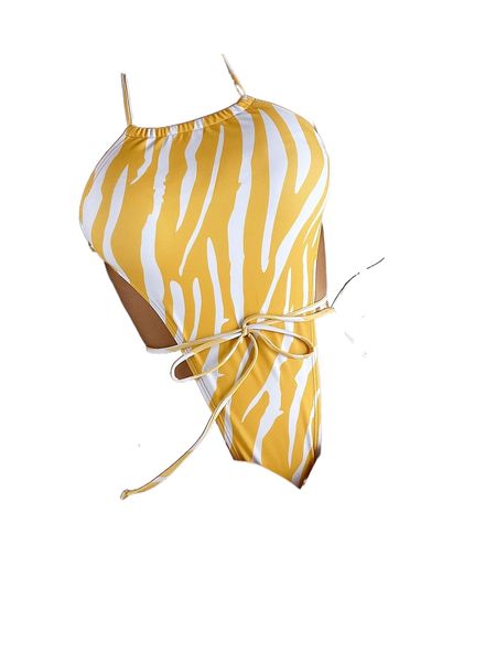 

zebra stripe high cut halter one piece swimsuit p1vd#, White;black
