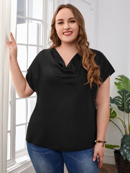 

emery rose plus solid draped collar g99p#, Black