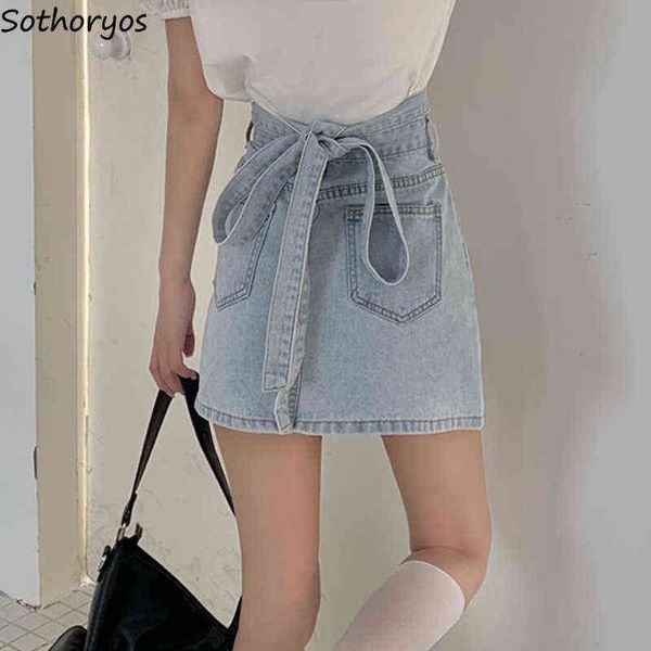 Sexy Denim Röcke Frauen Hohe Taille Kausalen Spitze-up Bogen Süße Harajuku Solide Hellblau Bandage A-linie Mini Elegante jugendlich Mädchen Ins T220819