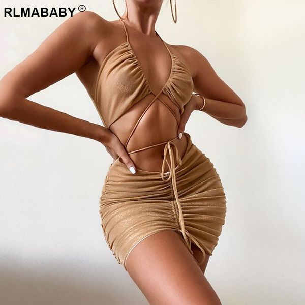

night club bright silk halter hollow out mini bodycon dress women lace up backless drawstring folds elegant party dress, Black;gray