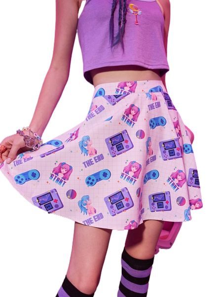 

romwe anime letter cartoon graphic skirt o3n4#, Black