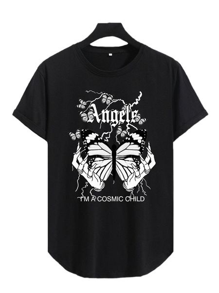 

men butterfly & slogan graphic curved hem tee 00wj#, White;black