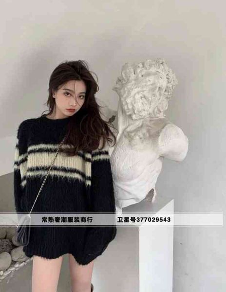 

women's sweaters 2022 cel in early sprg * color matchg striped brushed cotton sweater autumn and wter 0wiq, White;black