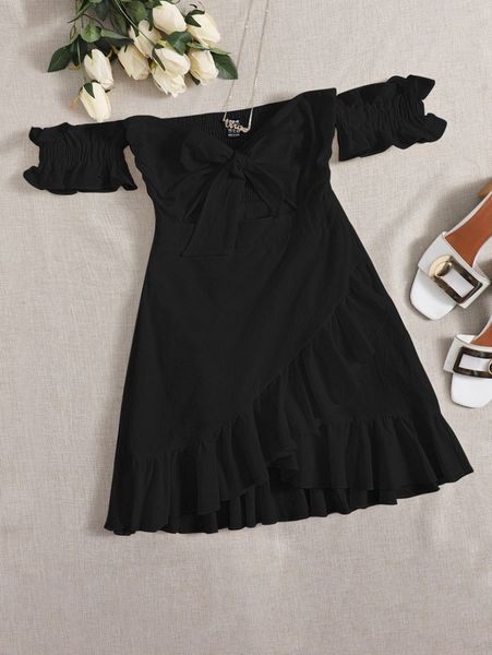 

off shoulder tie front wrap hem dress m1k8#, Black;gray