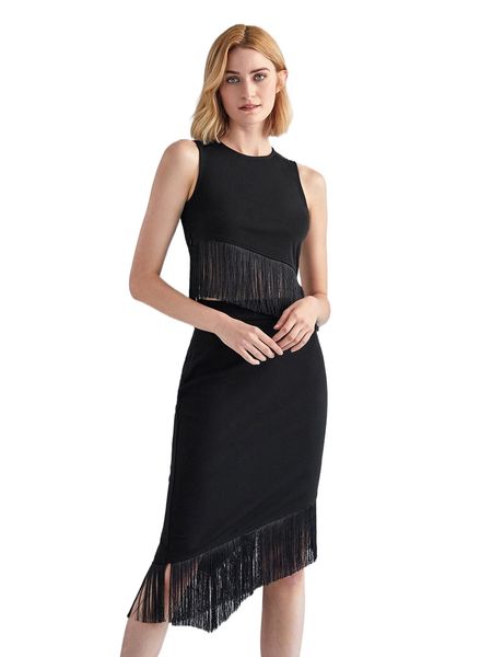

motf premium asymmetrical fringe & skirt set i4wy#, White