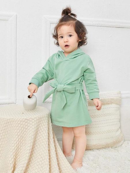 

baby solid belted hoodie dress she, Black