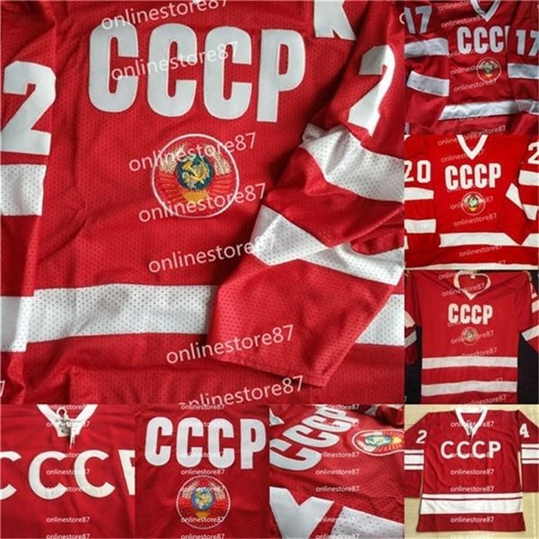 MThr Fetisov # 2 URSS CCCP Maglia da hockey russa Vladislav Tretiak # 20 Kharlamov # 17 Replica Russia maglia retrò ricamata sul ghiaccio