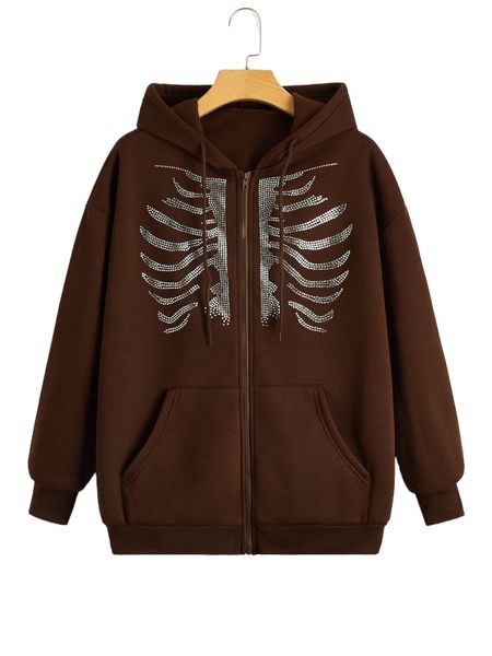 

drop shoulder skull rhinestone drawstring hooded sweatshirt z3t2#, Black