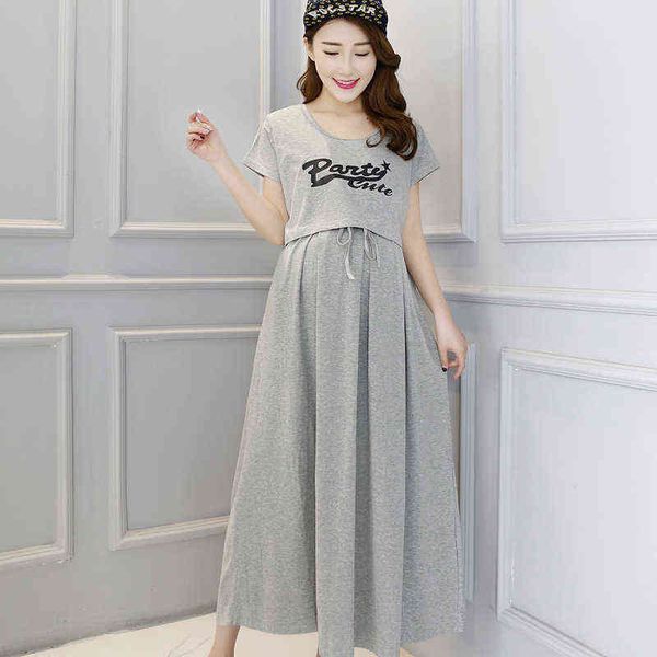

summer maternity cotton nursing dress short sleeves oneck drawstring waist postpartum woman breastfeeding clothes breastfeeding j220628, White