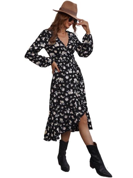 

floral print lantern sleeve ruffle trim tie side wrap dress j9yk#, Black;gray