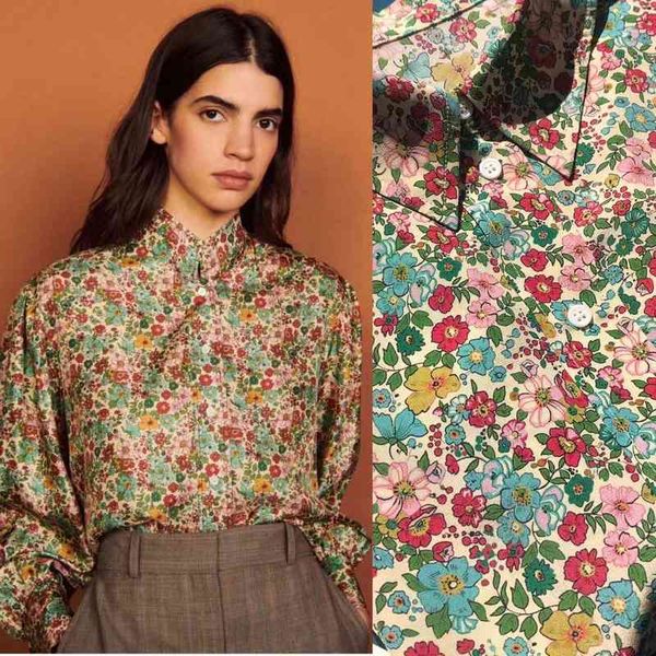 

women's polos early spring literature and art small broken flower french bubble sleeve silk shirt sand washed crepe de chine female, White