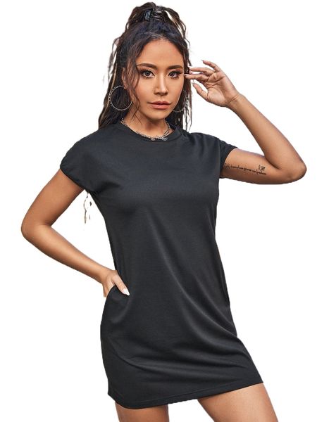 

solid batwing sleeve tee dress b4im#, Black;gray